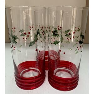 3 NWOB Pfaltzgraff Winterberry Cooler Glasses Holley Berries Etched Handpainted